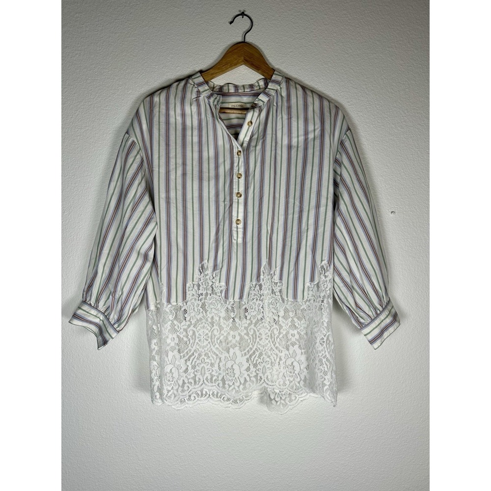 Anthropologie Pilcro White Stripe Long-Sleeve Lace Trim Tunic Top S